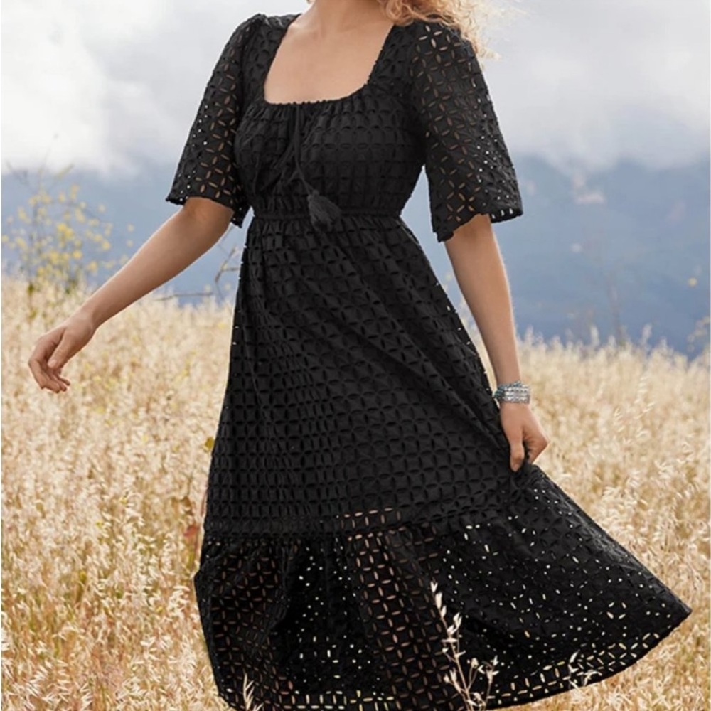 Johnny Was Black Misty Midi‎ Eyelet Dress Size S